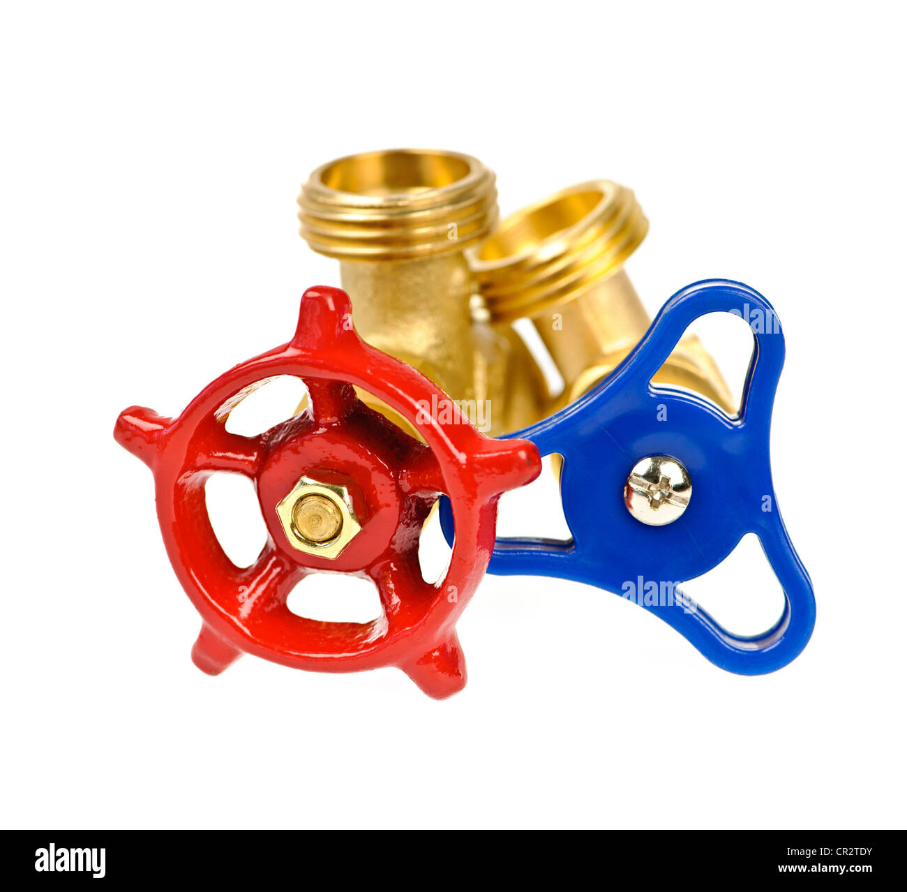 Blue and red plumbing valves isolated on white background Stock Photo