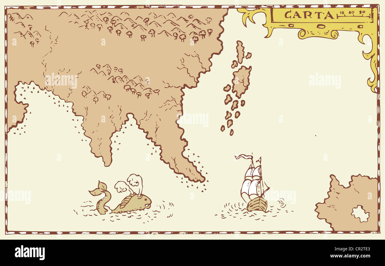 Illustration of a treasure map showing island with coast and compass star done in vintage style. Stock Photo
