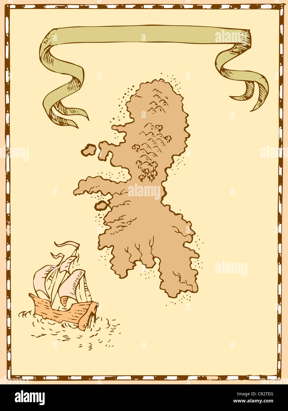 Illustration of a treasure map showing island with sailing ship galleon and ribbon done in vintage style. Stock Photo