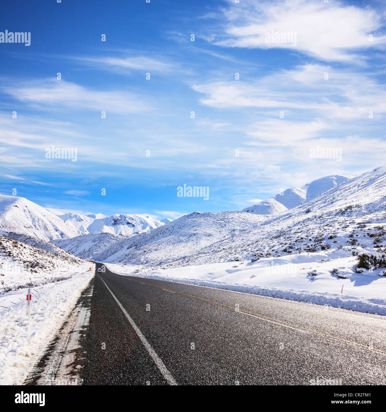 Winter in the South Island of New Zealand, this is Porters Pass and the road through the Southern Alps, Stock Photo
