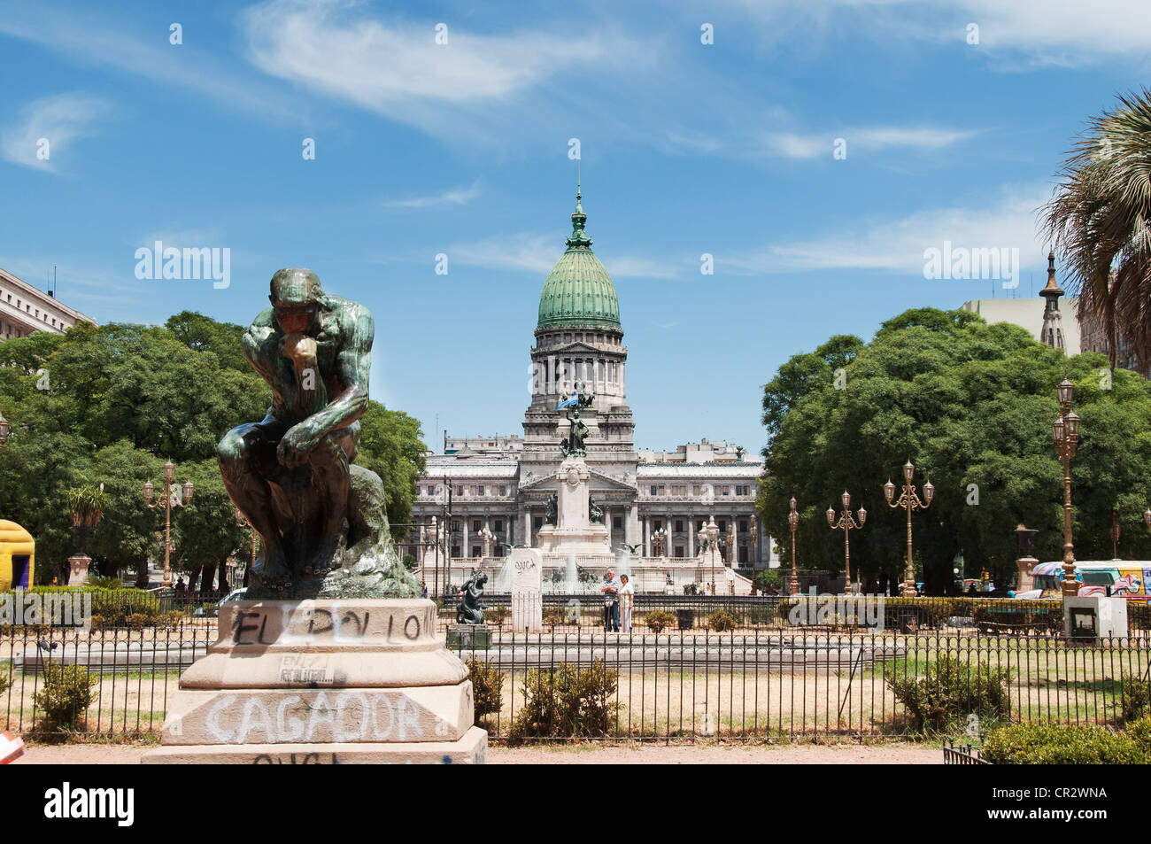 Palace of the National Congress in Argentina with a statue of Rodin's The Thinker in the foreground Stock Photo