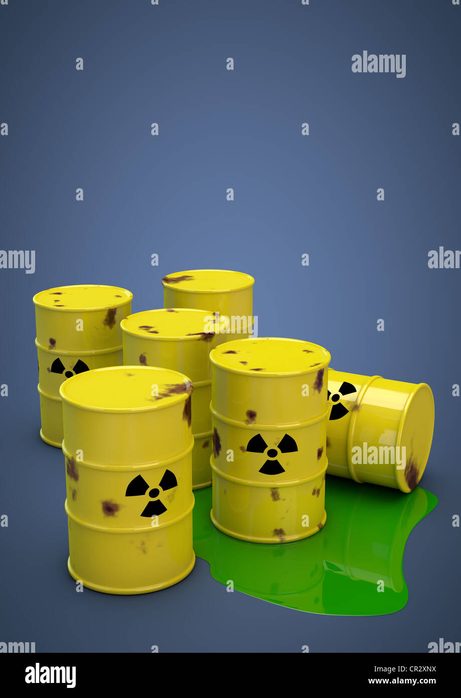 Rusty barrels of radioactive nuclear waste, terminal storage, nuclear power, symbolic image, 3D