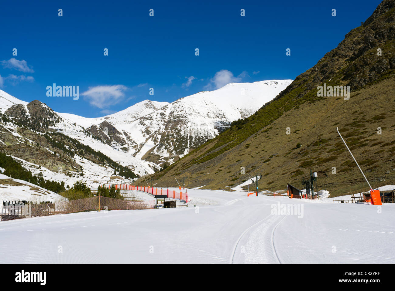 Groomed pistes in the Vall de Núria valley, northern Catalonia, Spain, Europe Stock Photo