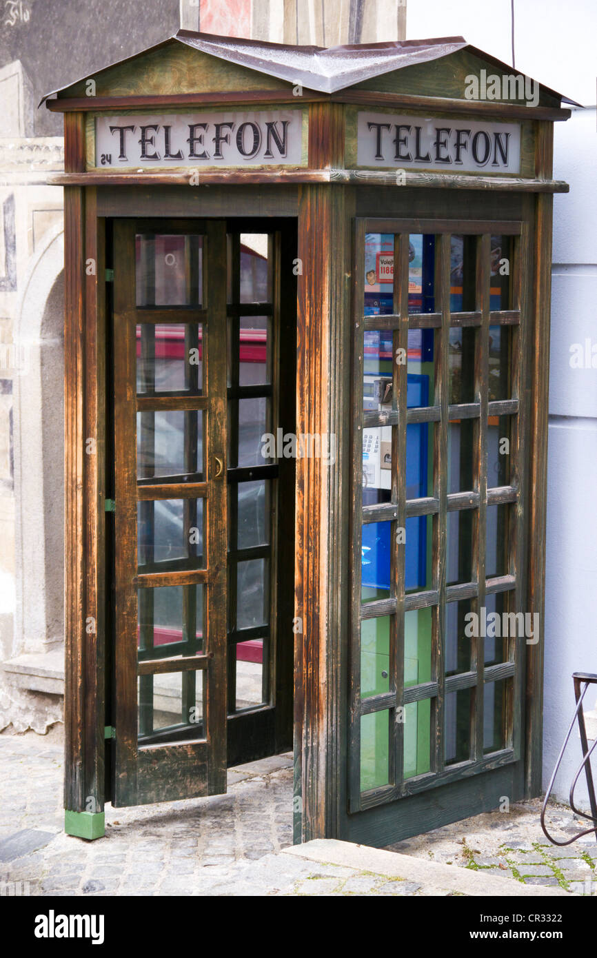 Phone booth in the historic town centre of Cesky Krumlov, Bohemian