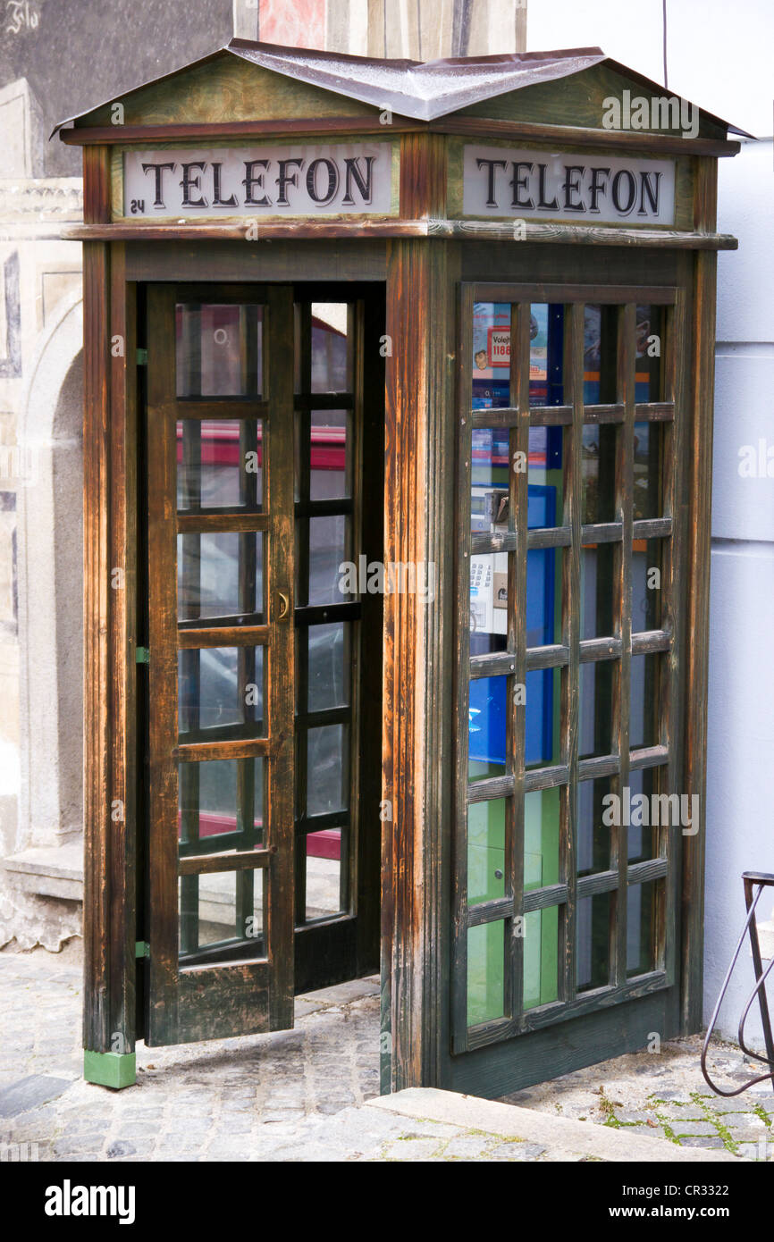 Phone booth in the historic town centre of Cesky Krumlov, Bohemian Krumlov, UNESCO World Heritage Site, Bohemia, Czech Republic Stock Photo