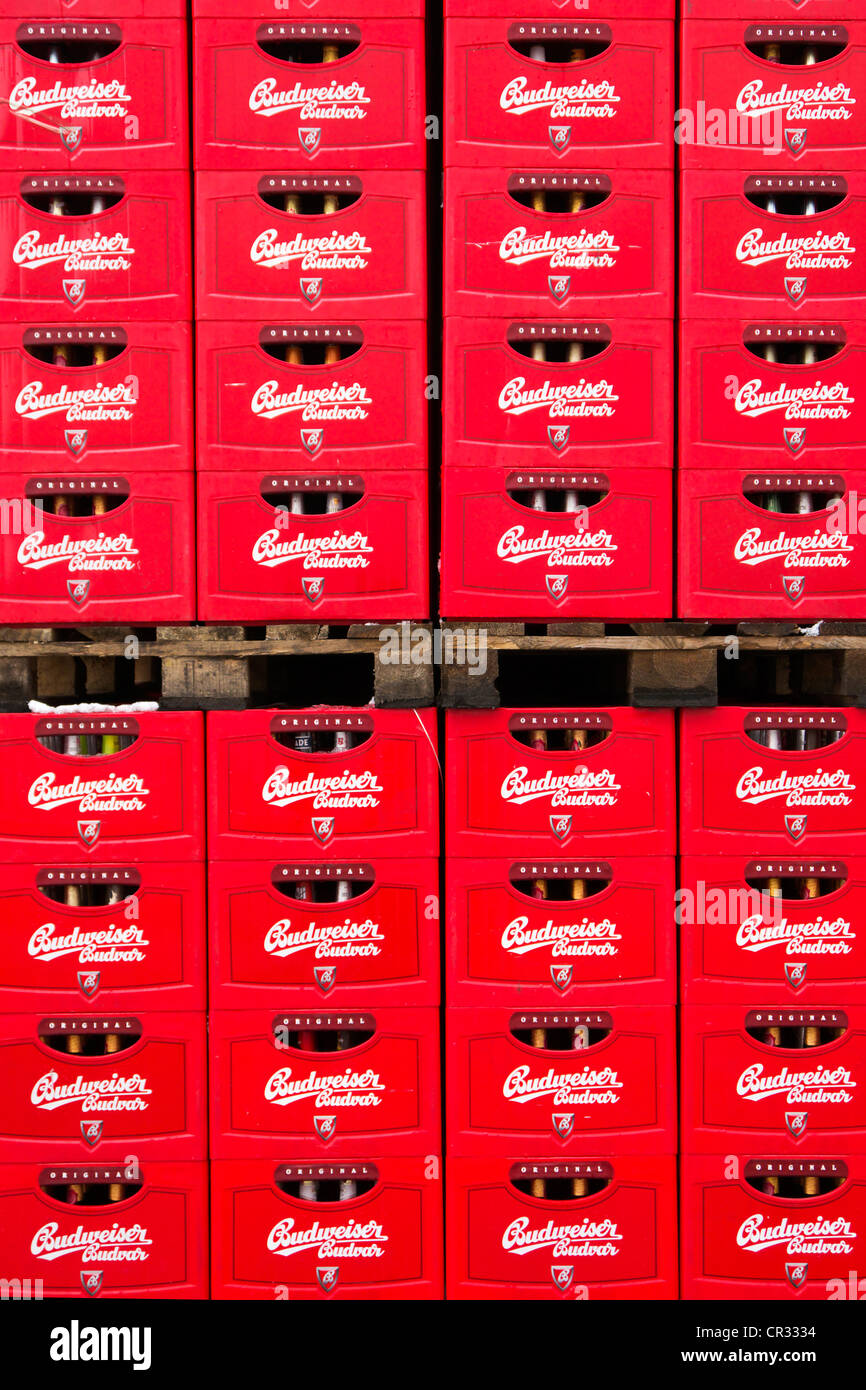 Beer crates of Budweiser beer at the Budweiser brewery in Ceske Budejovice, Budweis, Budvar, Bohemia, Czech Republic, Europe Stock Photo