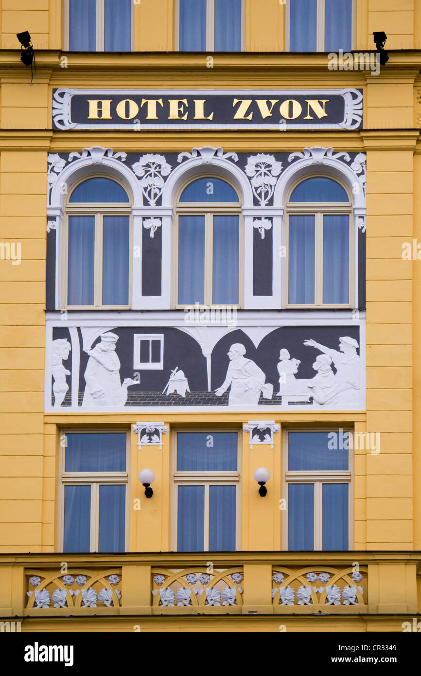 Facade of Hotel Zvon in the historic town centre of Ceske Budejovice, Budweis, Budvar, Bohemia, Czech Republic, Europe Stock Photo