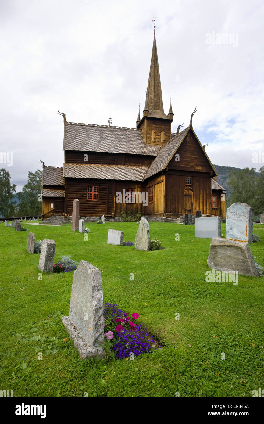 Grave stones in front of Lom Stave Church, Norway, Scandinavia, Europe Stock Photo