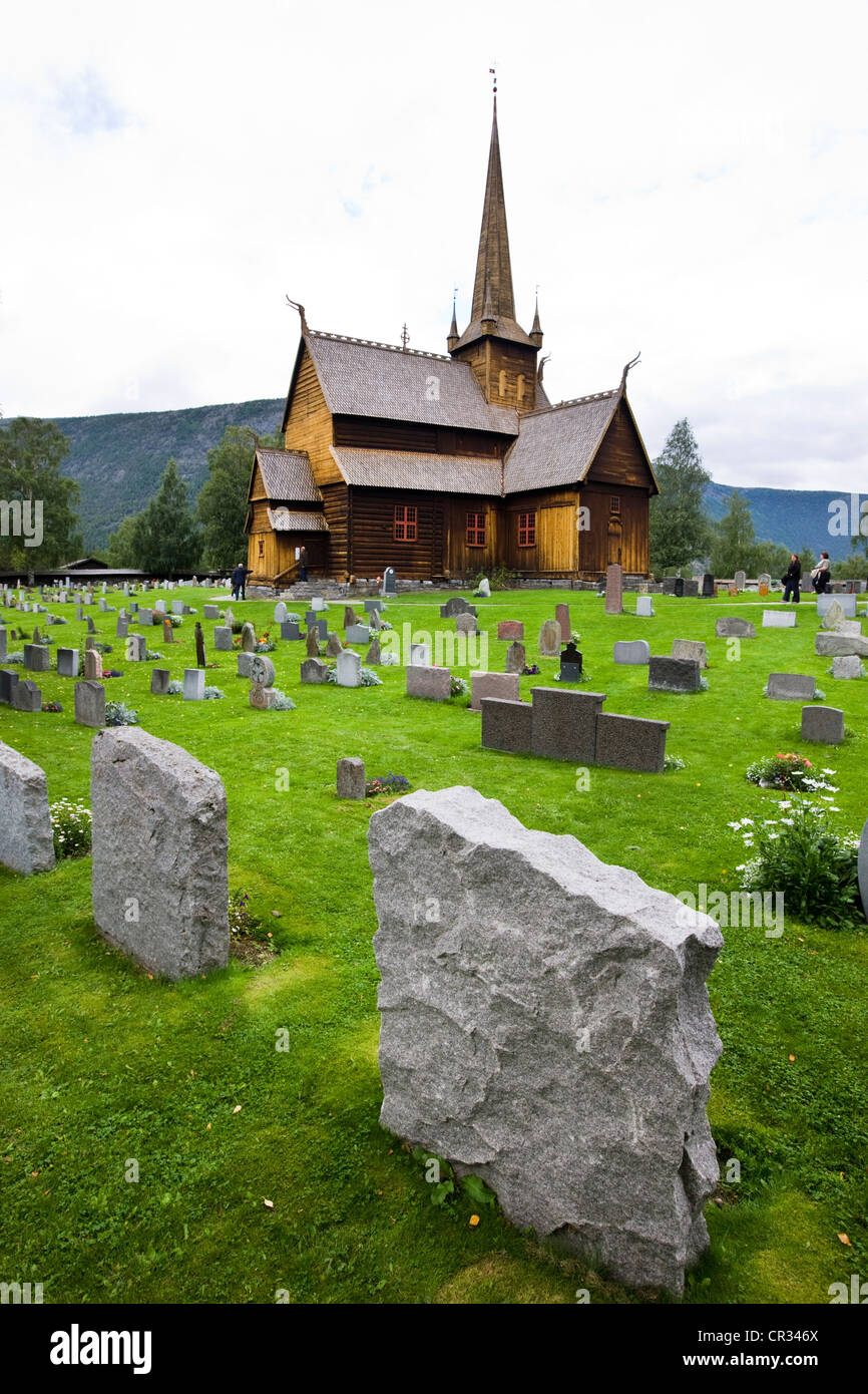 Grave stones in front of Lom Stave Church, Norway, Scandinavia, Europe Stock Photo