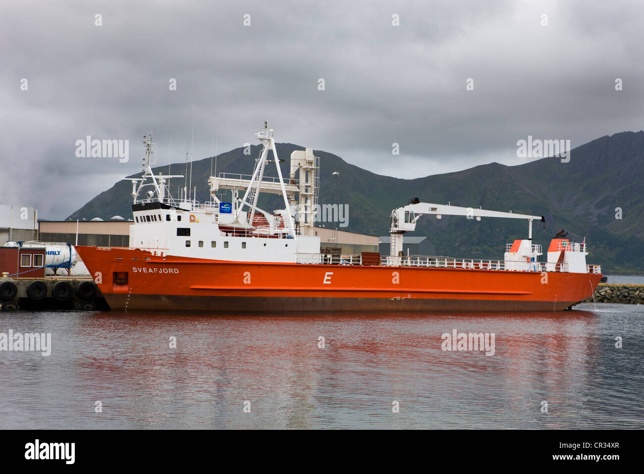 Ship in the harbour of the island of Andoya, Vesteralen, Norway ...