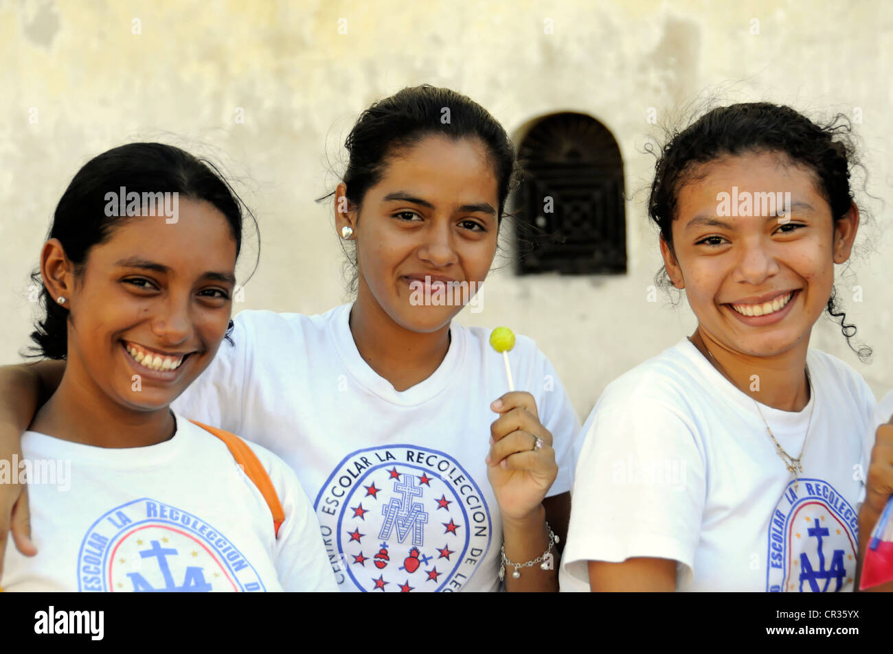 Students at the end of term looking forward to their school holidays, Leon, Nicaragua, Central America Stock Photo