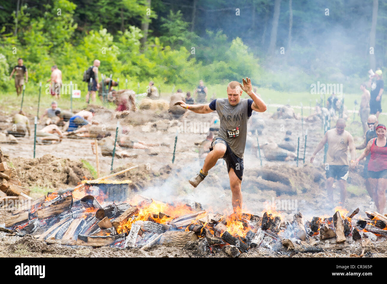 Participants of challenging sprint obstacle trail race, Spartan Race in Tuxedo New York, running