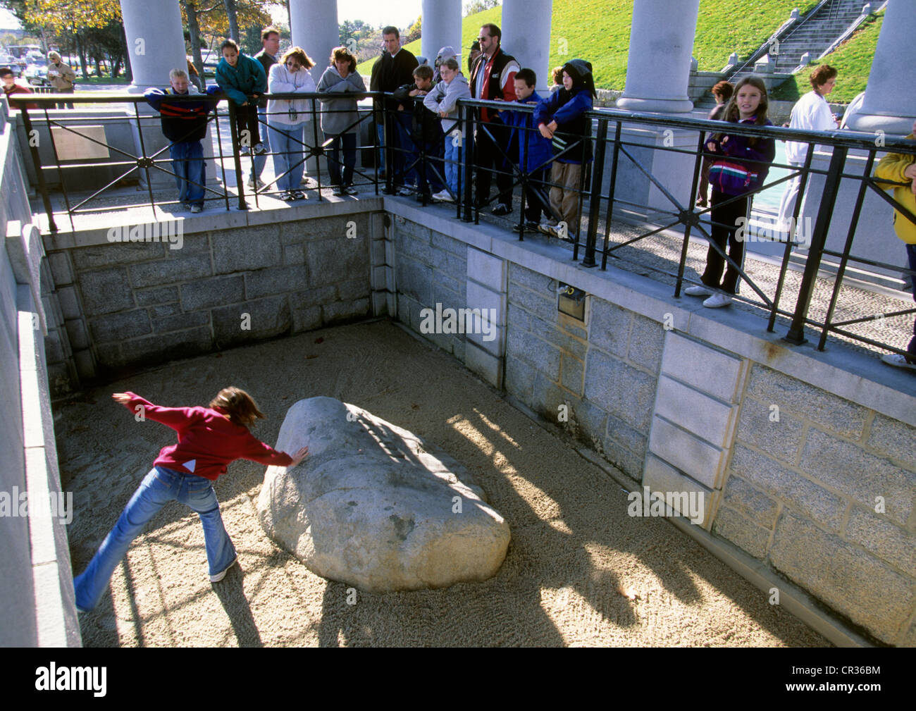 United States, Massachusetts, Plymouth, Plymouth Rock where Mayflower pilgrims came alongside in 1620 Stock Photo