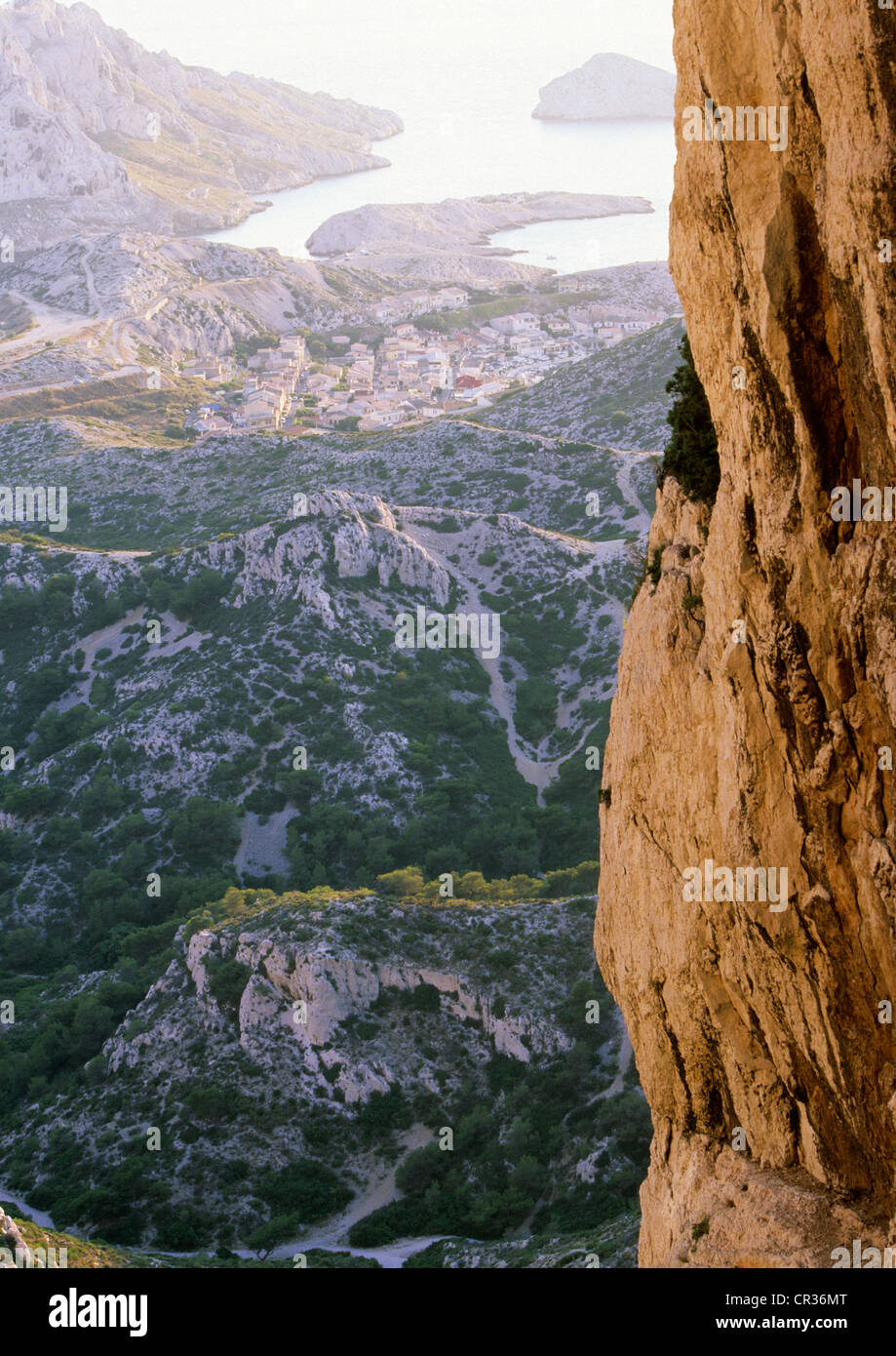 France, Bouches du Rhone, Marseille, european capital of culture 2013, Cap Croisette and les Goudes seen from Grotte Saint Stock Photo