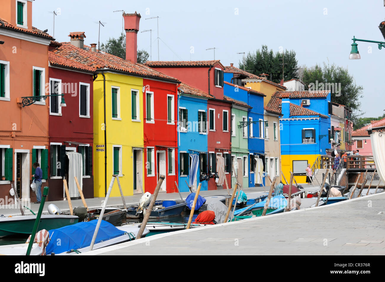 Colourful row of houses along a canal, Burano, Venice, Veneto, Italy, Europe Stock Photo