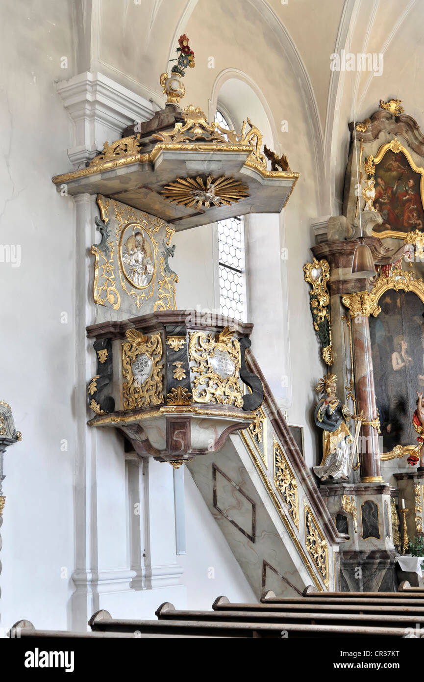 Pulpit, Church of the Assumption of Mary, first mentioned in 1179, Bad Koetzting, Bavaria, Germany, Europe Stock Photo
