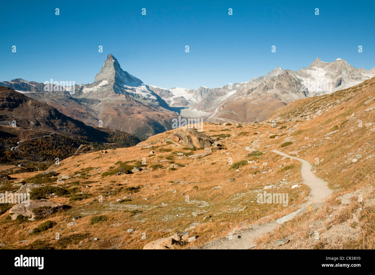 Path from Fluhalp to Blauherd with views of Mt Matterhorn, 4478 m, Zermatt, Canton Valais, Switzerland, Europe, PublicGround Stock Photo