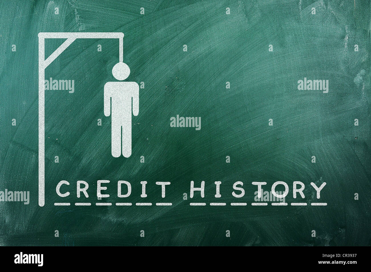 gallows game-businessman bancruptcy on green blackboard and text 'credit history' Stock Photo