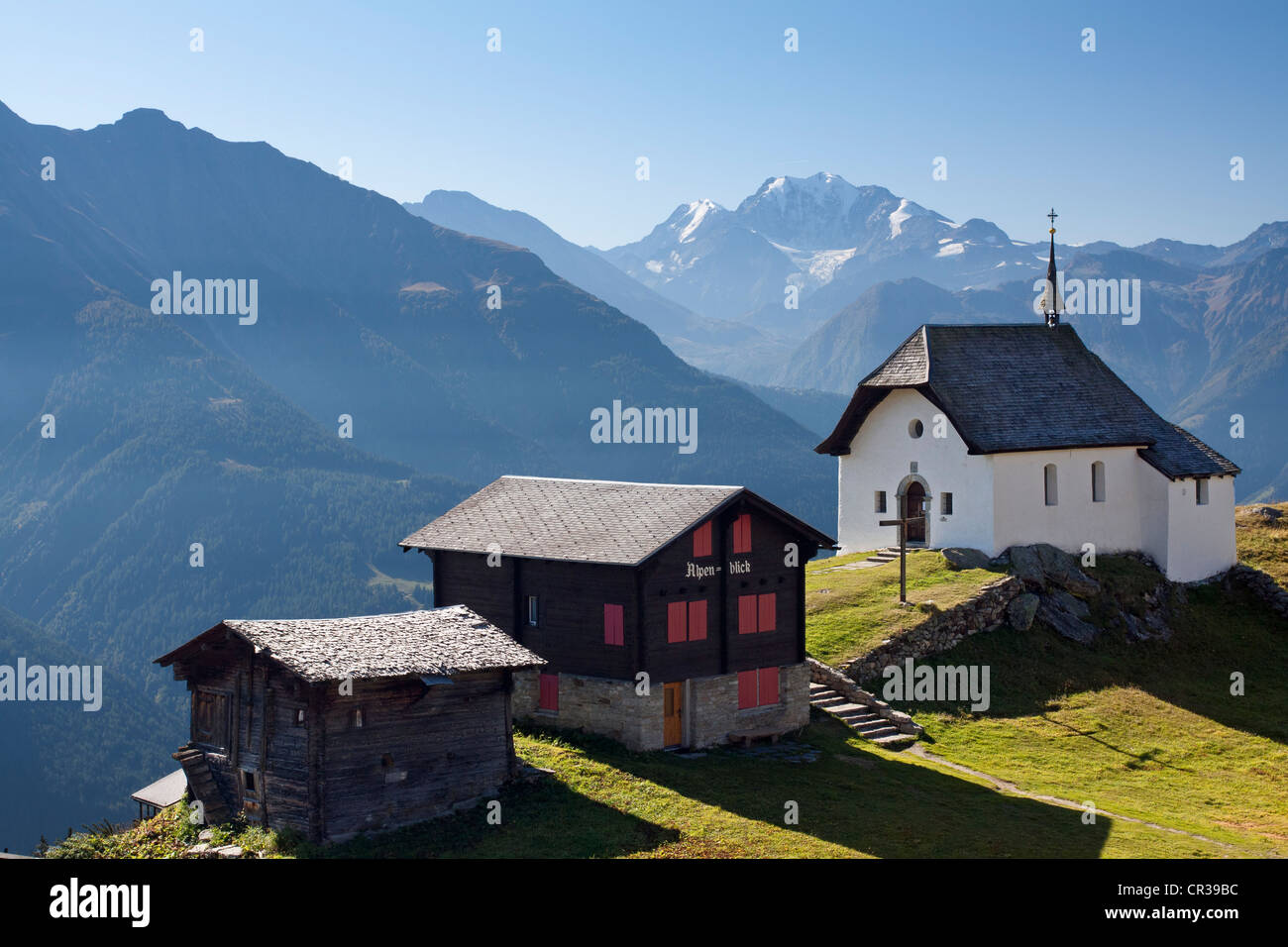 Lady of the Snows Chapel on Bettmeralp Mountain above the Rhone Valley, Canton of Valais, Switzerland, Europe, PublicGround Stock Photo