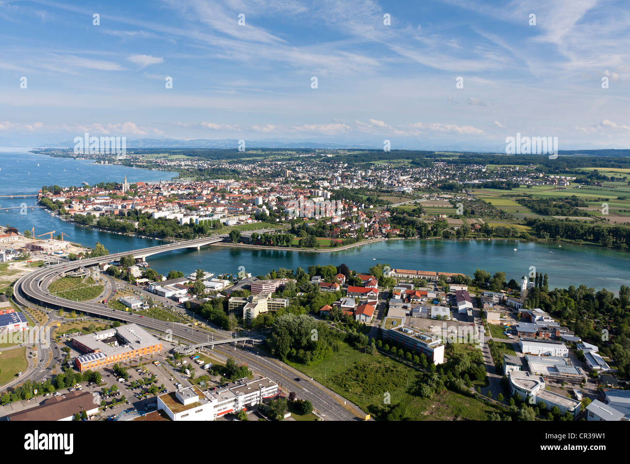 Aerial view, city of Konstanz with a view towards the Swiss Alps, Konstanz district, Baden-Wuerttemberg, Germany, Europe Stock Photo