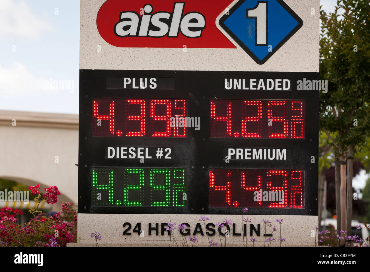 Gas price board at filling station - USA Stock Photo