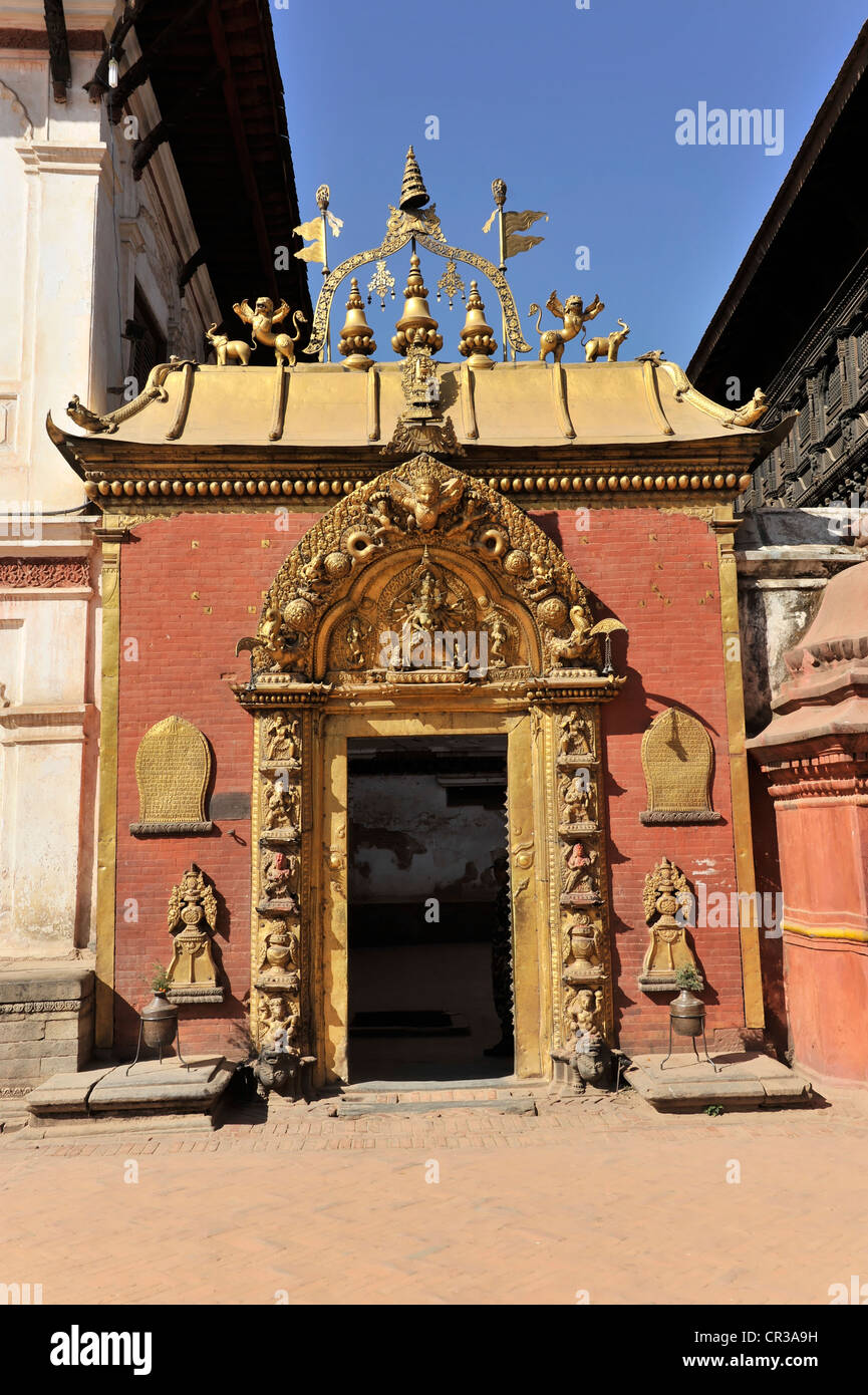The Lu Dhawka or Golden Gate with patron goddess Taleju at the Royal Palace, Bhaktapur, UNESCO World Heritage Site, Kathmandu Stock Photo