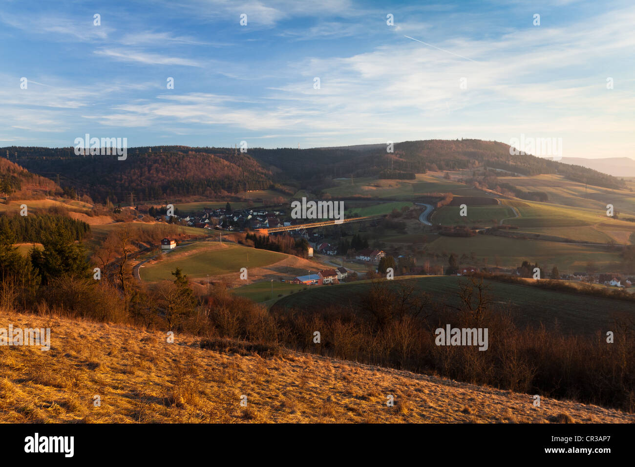 Wutachtal valley at sunset and Epfenhofen, Baden-Wuerttemberg, Germany, Europe Stock Photo