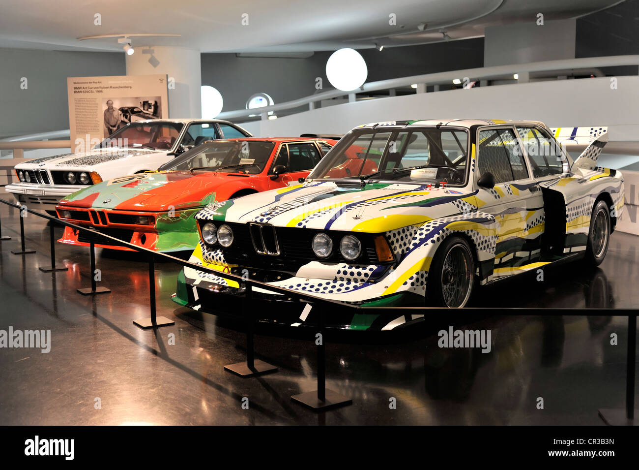BMW Art Cars, BMW 635CSi of 1986 by Robert Rauschenberg at the back, BMW M1 of 1979 by Andy Warhol in the middle and BMW 320i of Stock Photo