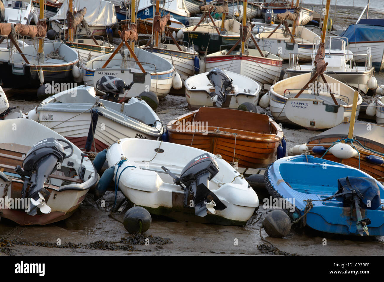 A study of boats and yachts at Morston Quay on the North Norfolk Coast Stock Photo