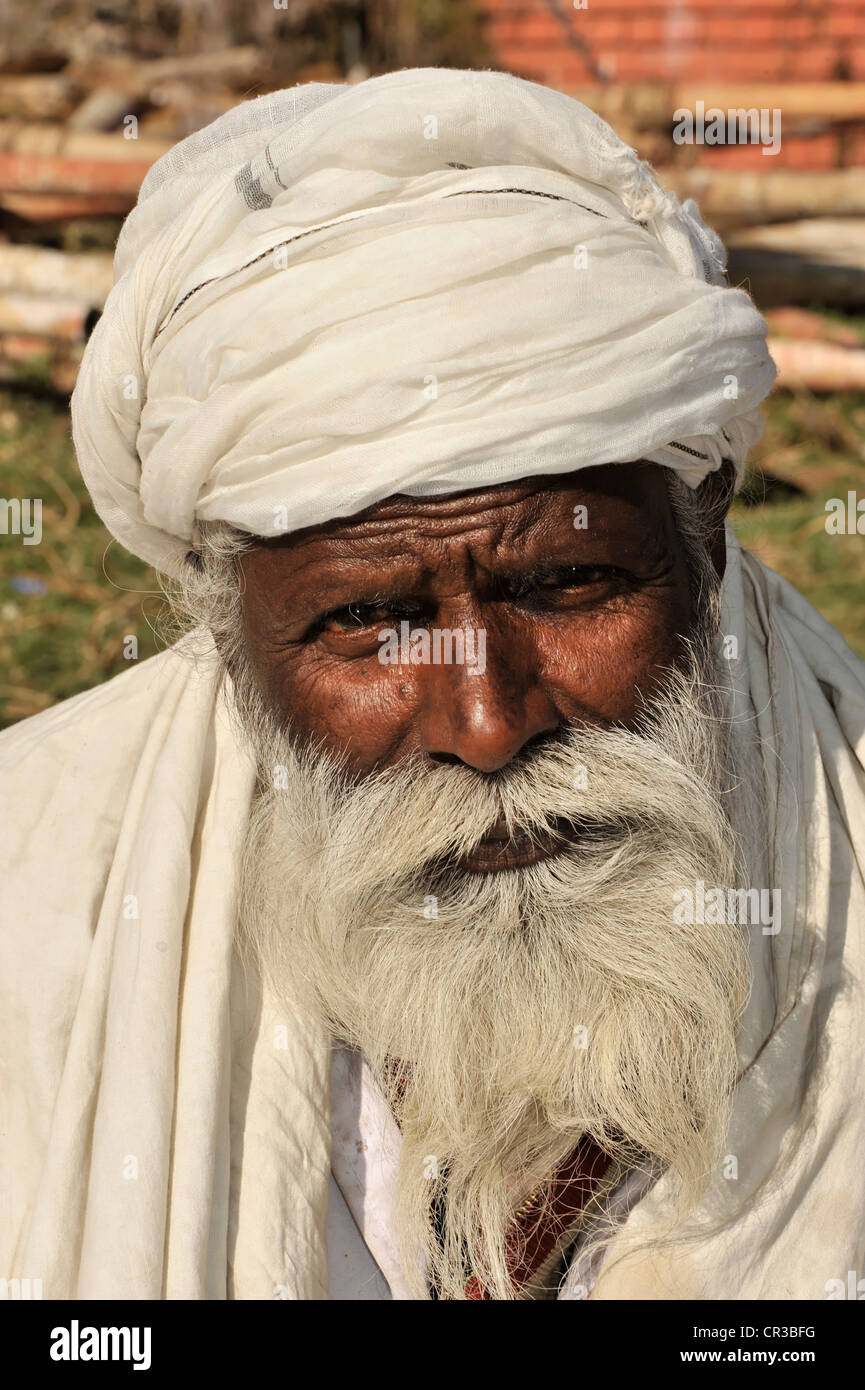 Old Nepalese man looking pensively, portrait, Kathmandu, Nepal, Asia Stock Photo