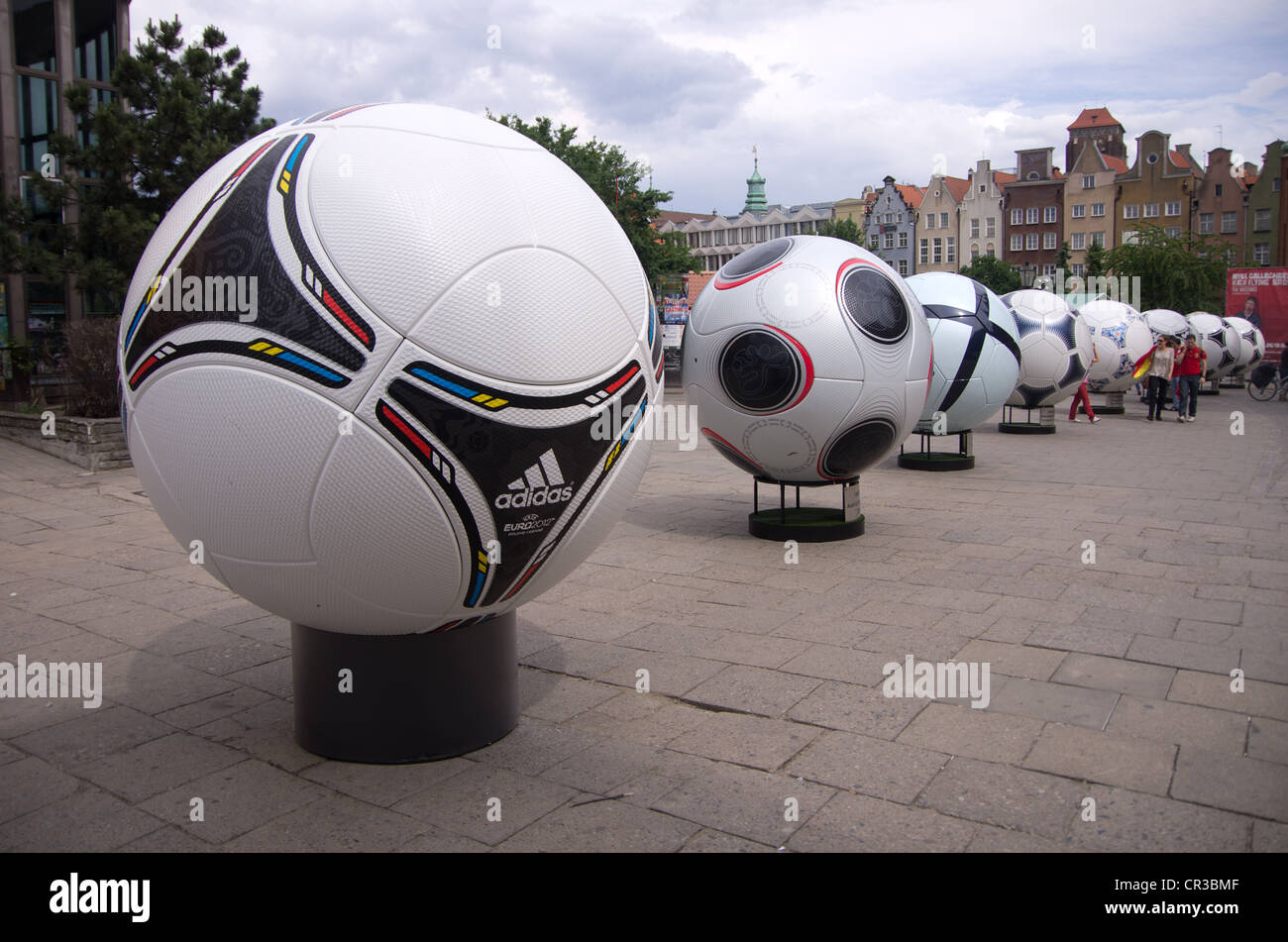 Giant reproduction of the official balls made by Adidas for all the  editions of Eurocup of soccer, Gdansk,Poland Stock Photo - Alamy