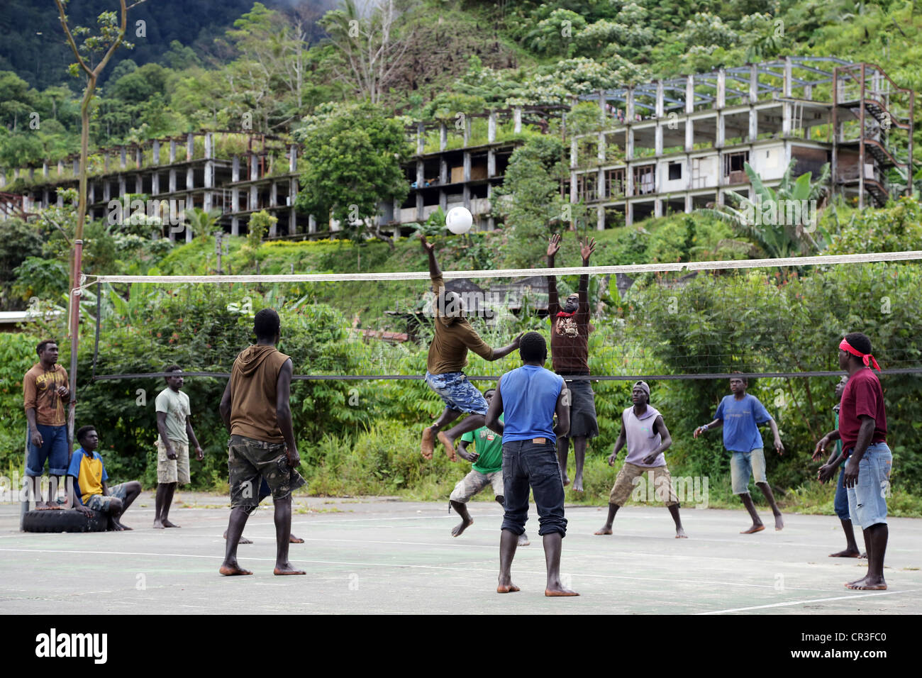 Volleyball field in the destroyed former copper mine town of Panguna. Autonomous Region of Bougainville, Papua New Guinea Stock Photo