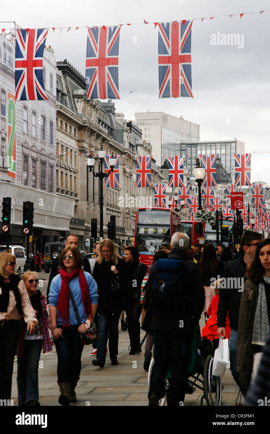 Oxford Street in London, decorated with union jack flags to celebrate