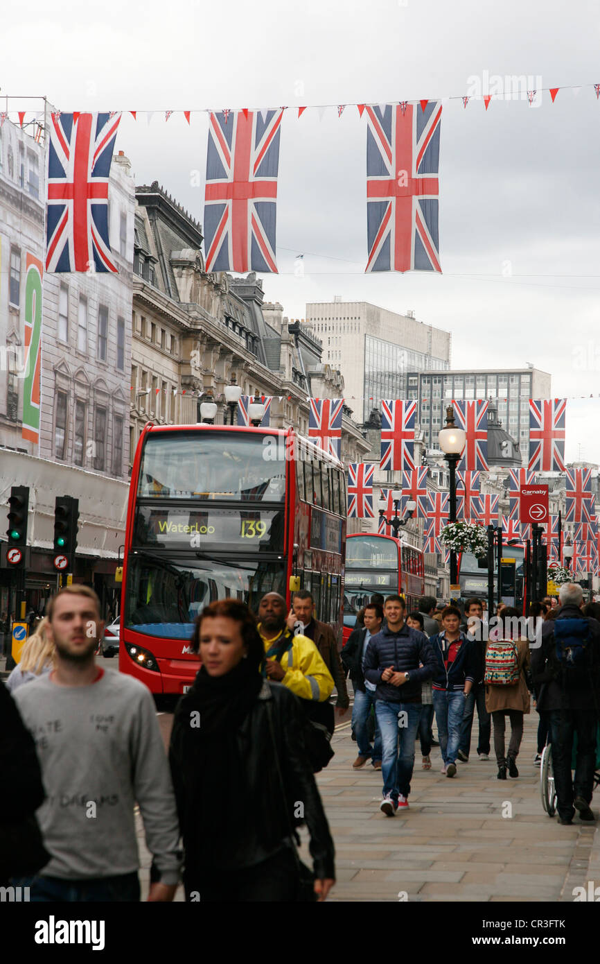 Oxford Street in London, decorated with union jack flags to celebrate