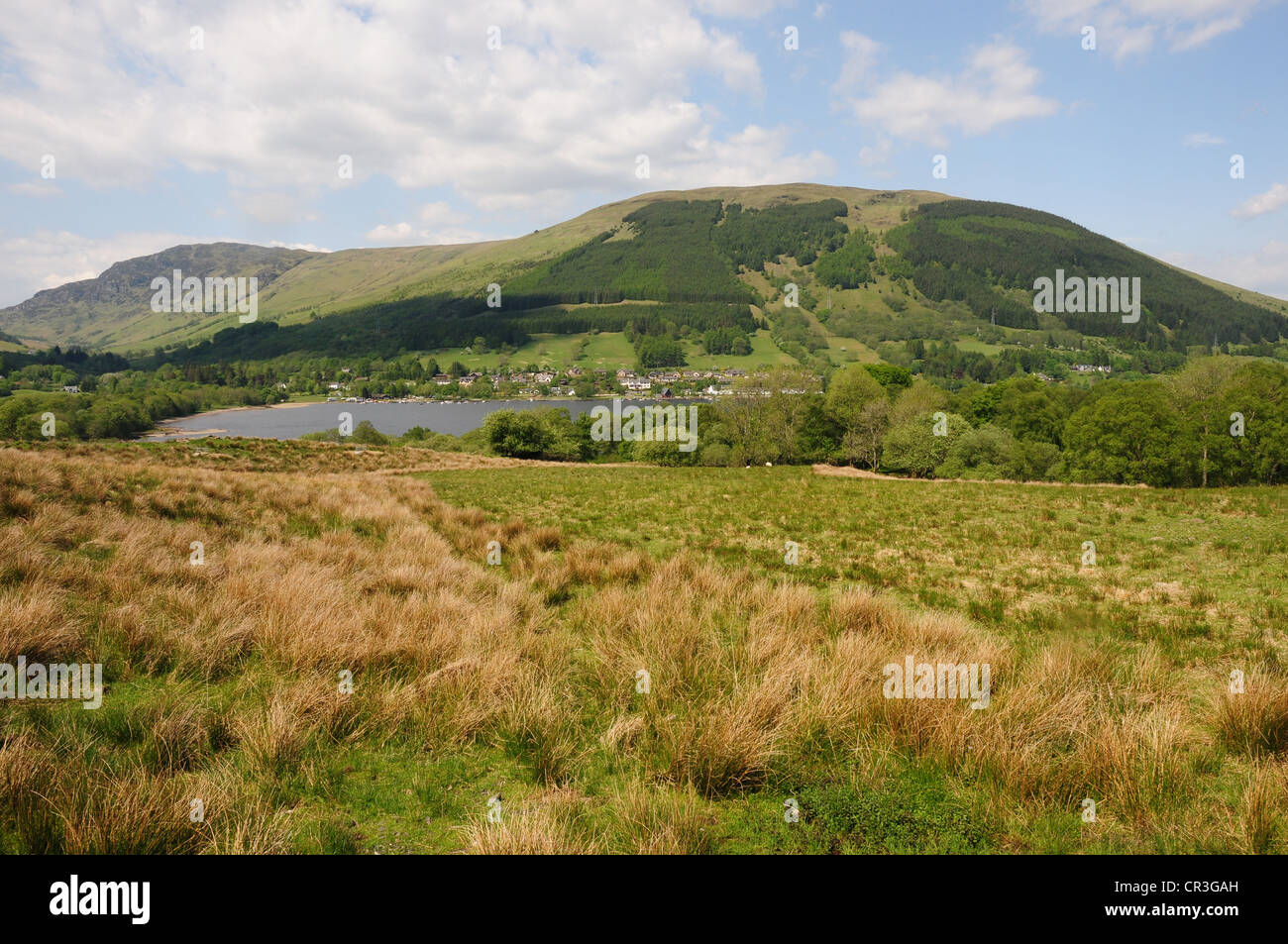 View of Loch Earn and Lochearnhead, Perthshire from the road to the south of the loch Stock Photo