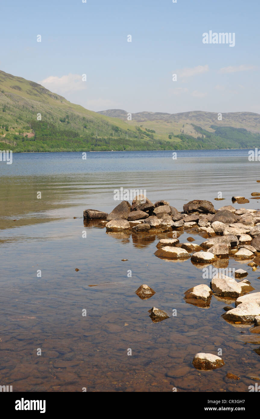 View of the shore of Loch Earn, Perthshire from the southern road around the loch Stock Photo