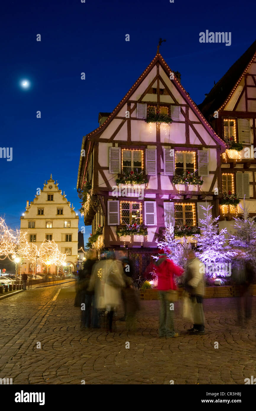 Dusk, Christmassy and wintery Colmar, Alsace, France, Europe Stock Photo