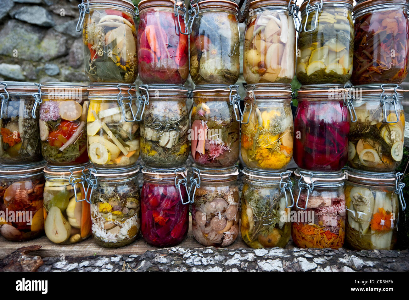 Autumn still life with jars of preserved food Stock Photo