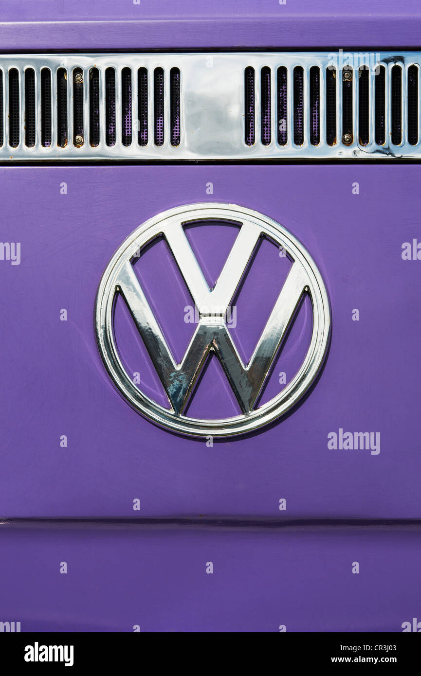 VW Volkswagen camper van front end with chrome badge Stock Photo