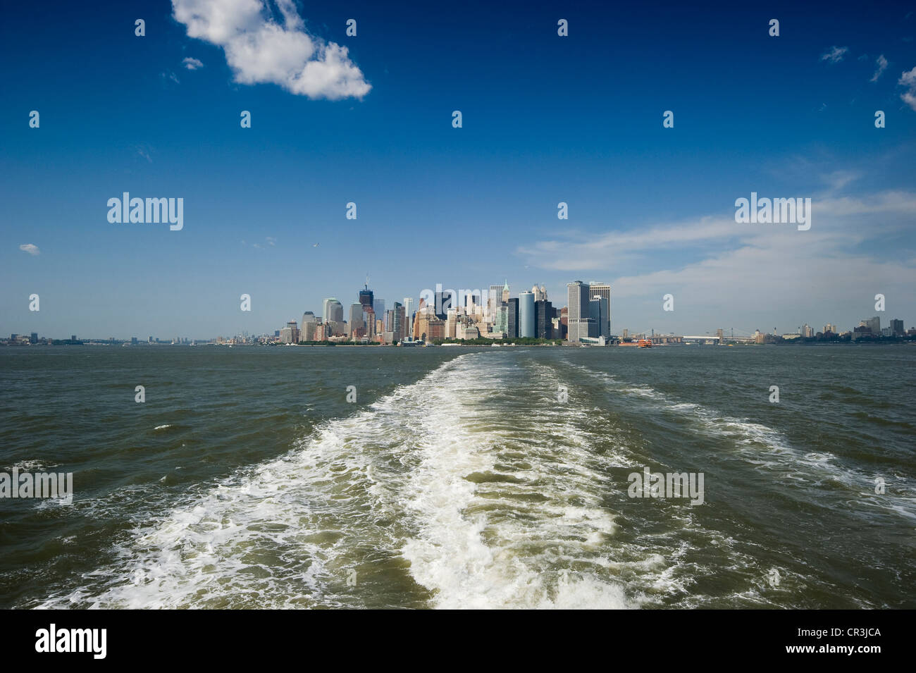Manhattan skyline as seen from the Staten Island Ferry, New York, USA Stock Photo