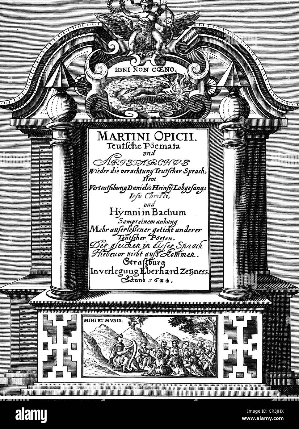 Opitz, Martin, 23.1.1597 - 20.8.1639, German author / writer ( poet), art theorist, his book 'Teutsche Poemata', title page, Strasbourg, 1624, Stock Photo