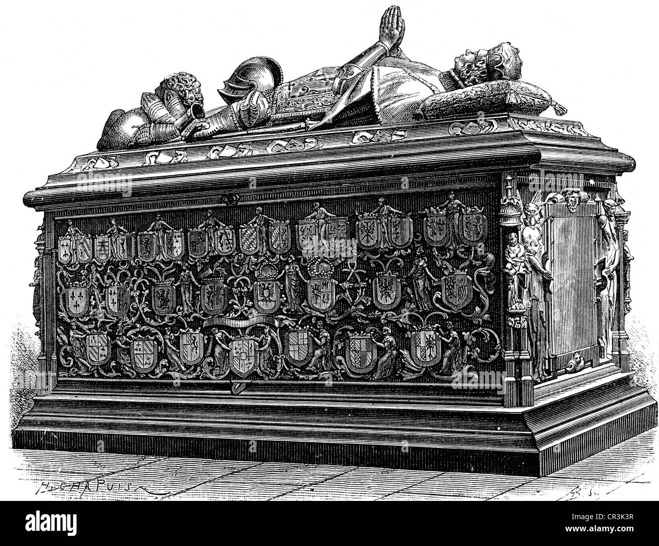 Charles I 'the Bold', 10.11.1433 - 5.1.1477, Duke of Burgundy 15.6.1467 - 5.1.1477, tomb, Notre Dame, Bruges, wood engraving, 19th century, Stock Photo