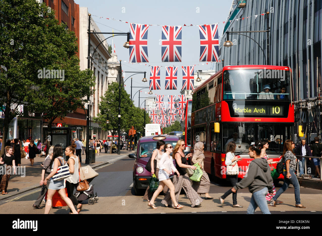 Oxford Street in London, decorated with union jack flags to celebrate
