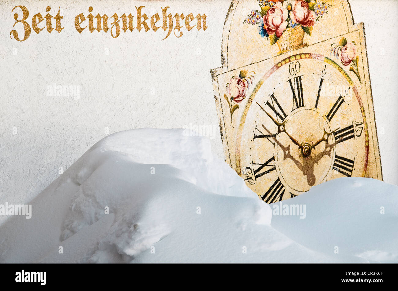 Painted clock, lettering 'Zeit einzukehren', German for 'time to stop by at our restaurant', Todtnauer Huette mountain inn on Stock Photo