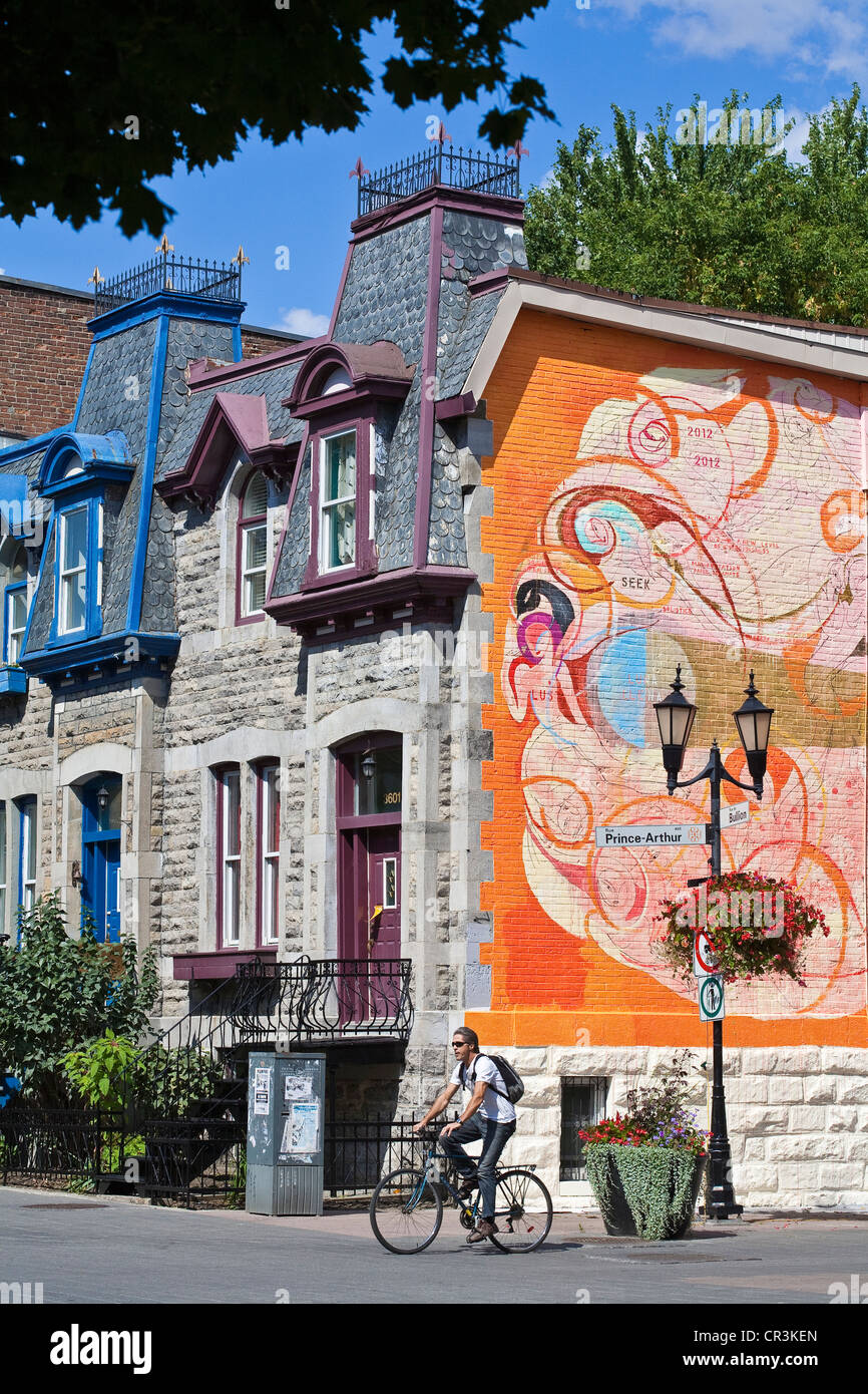 Canada, Quebec Province, Montreal, Plateau Mont Royal District, Rue Prince Arthur, mural and cyclist Stock Photo