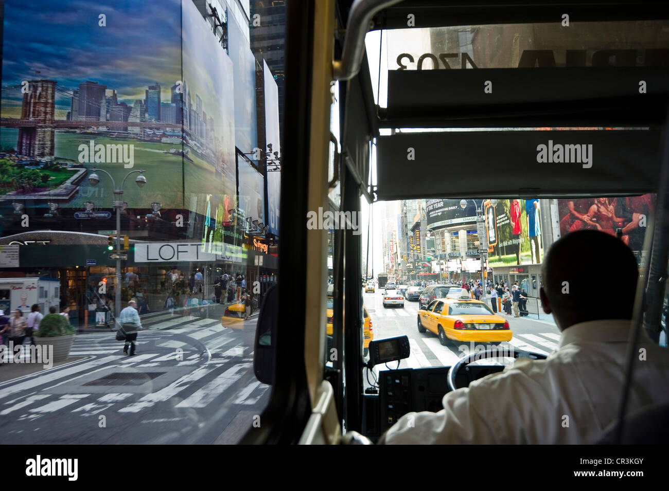 Times Square, seen from a bus, Manhattan, New York, USA Stock Photo