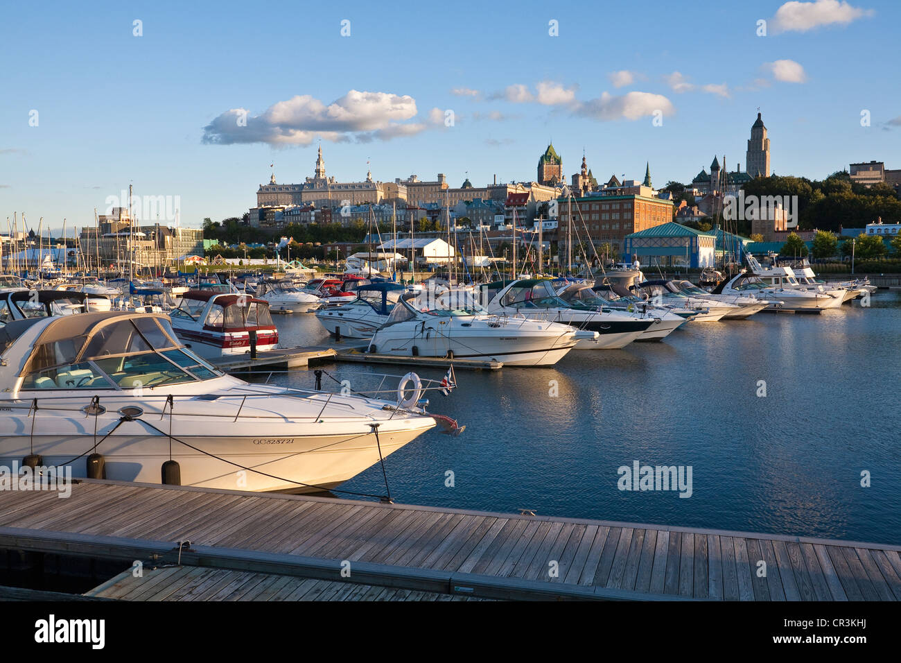 Canada, Quebec Province, Quebec City, marina of the Vieux Port (Old Harbour) and in the background the Old Town listed World Stock Photo