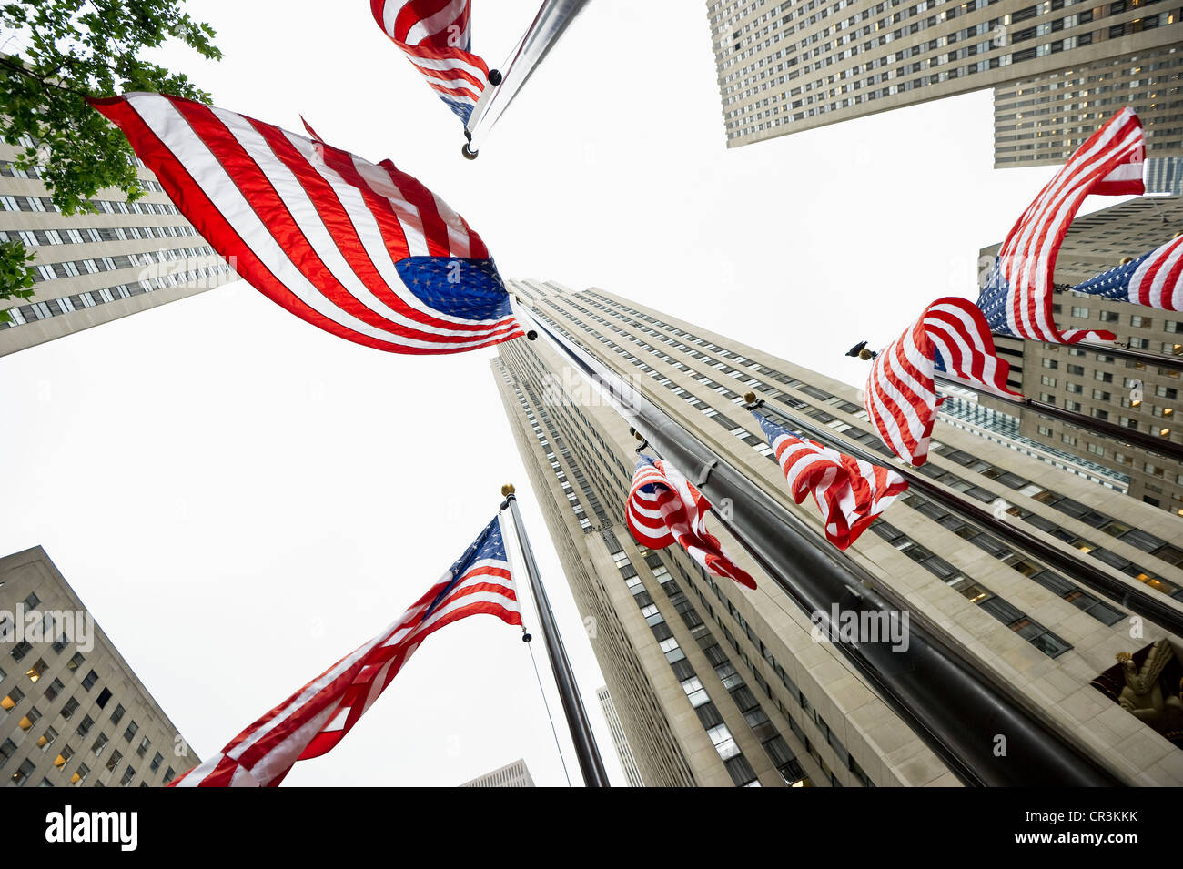 Rockefeller Center, American flags, Manhattan, New York, USA Stock Photo