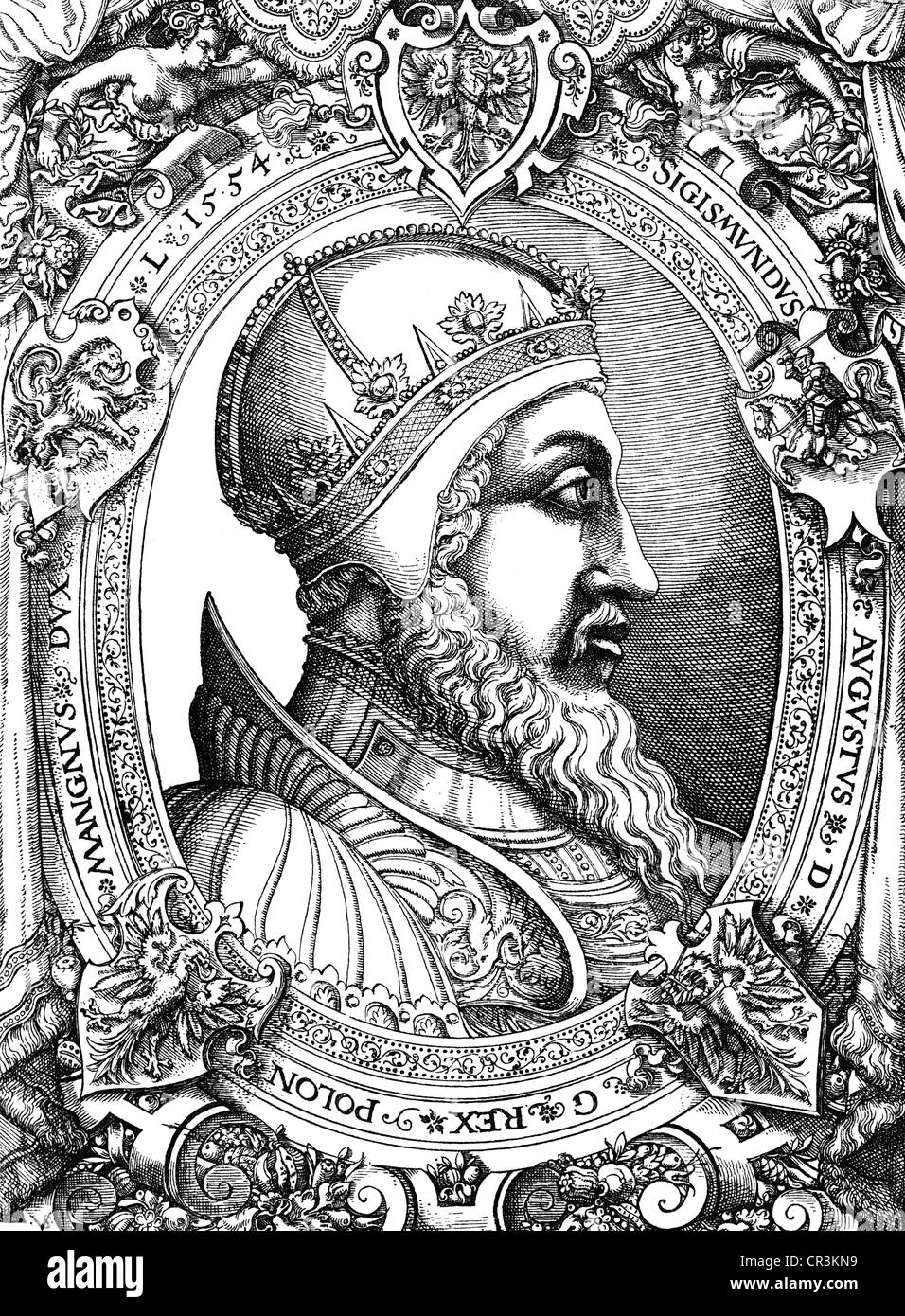 Sigismund II August, 1.8.1520 - 14.7.1572, King of Poland 1.4.1548 - 14.7.1572, portrait, copper engraving by Virgil Solis, 1545, Artist's Copyright has not to be cleared Stock Photo