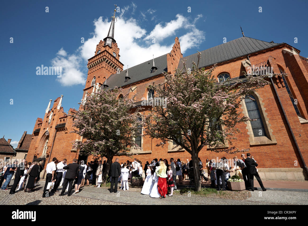 Poland Tarnow Cathedral of Nativity of Virgin Mary. Parents and Children waiting to enter for Ist communion Stock Photo